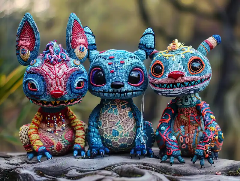 Traditional mezcal bottle with agave and colorful alebrijes in Oaxacan workshop