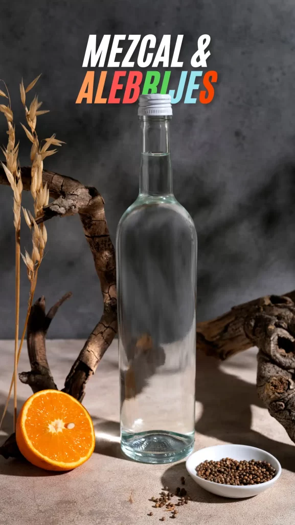 Traditional mezcal bottle with agave and colorful alebrijes in Oaxacan workshop