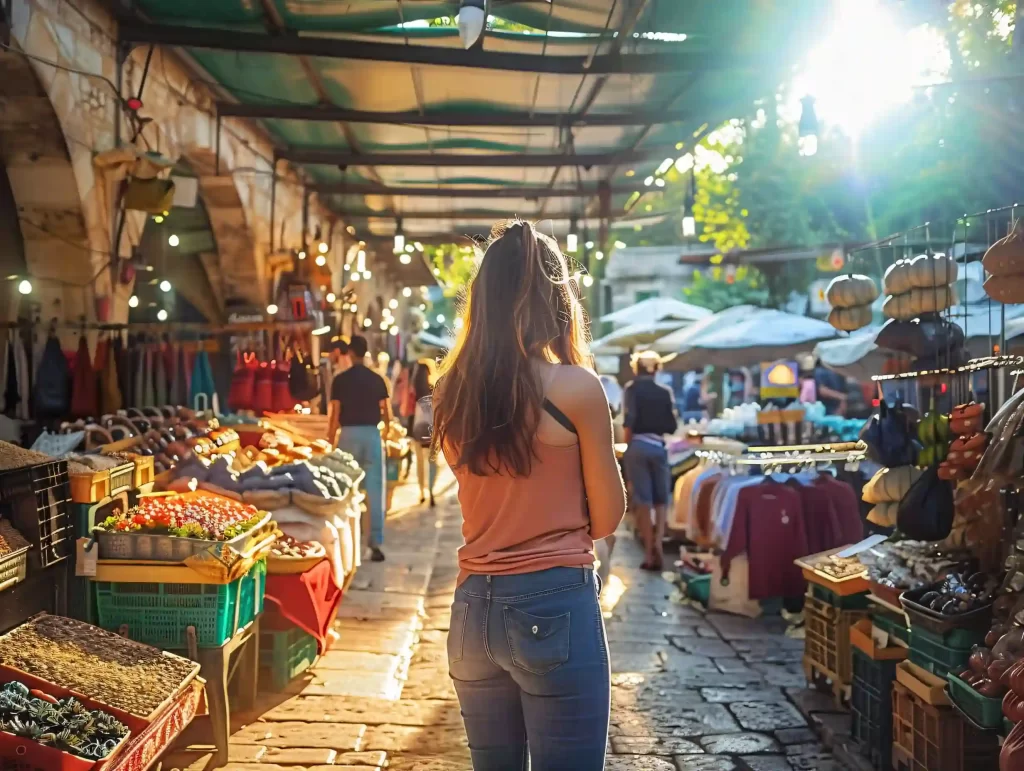 Bustling Oaxaca traditional market with vendors, fresh produce and local shoppers under covered stalls